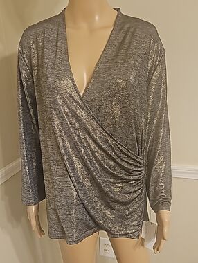 Liz Claiborne Metallic Silver Wrap-Style Long Sleeve Top